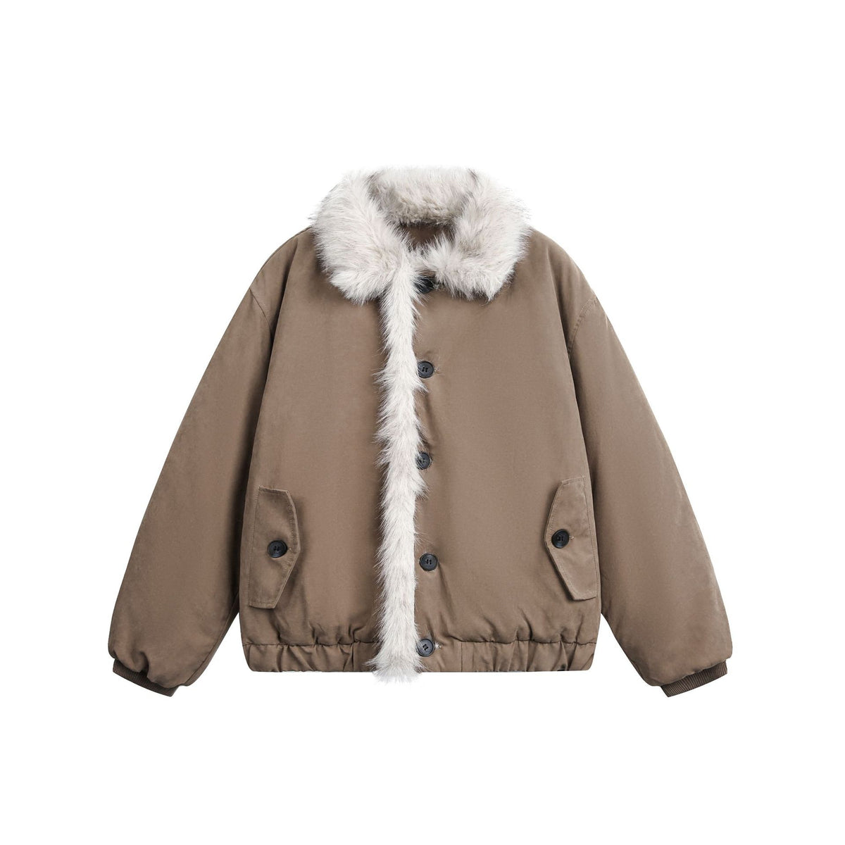 Women's short jacket in boxy cut with wide faux fur collar EVA-US