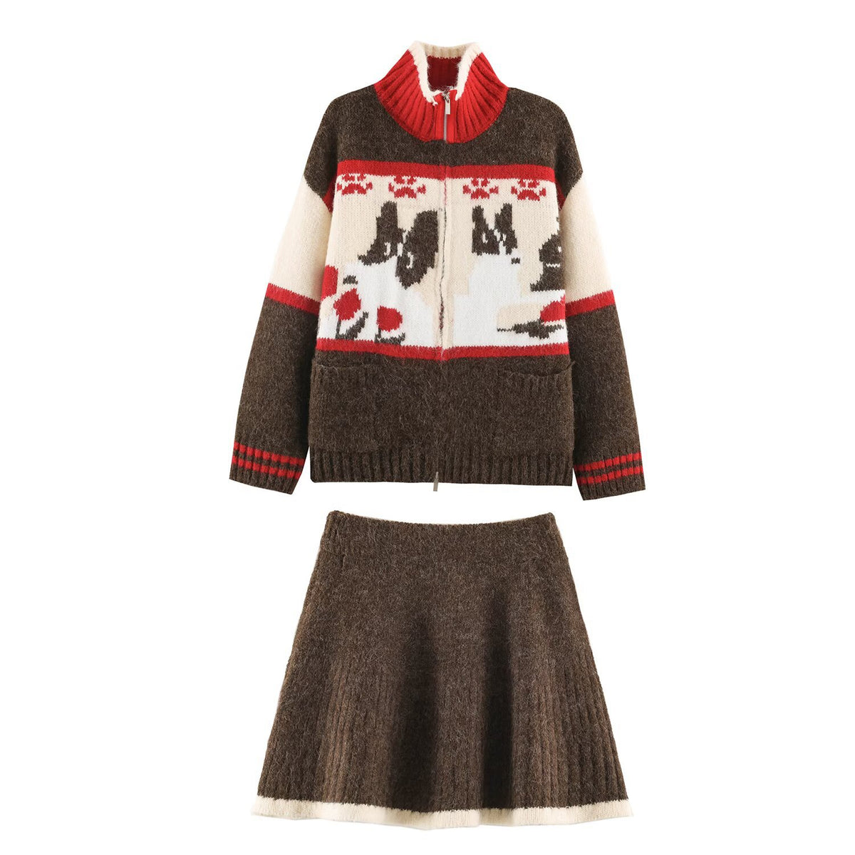 Women's Knit Two-Piece with Zipper Jacket and Flared Wool Blend Skirt EVA-US