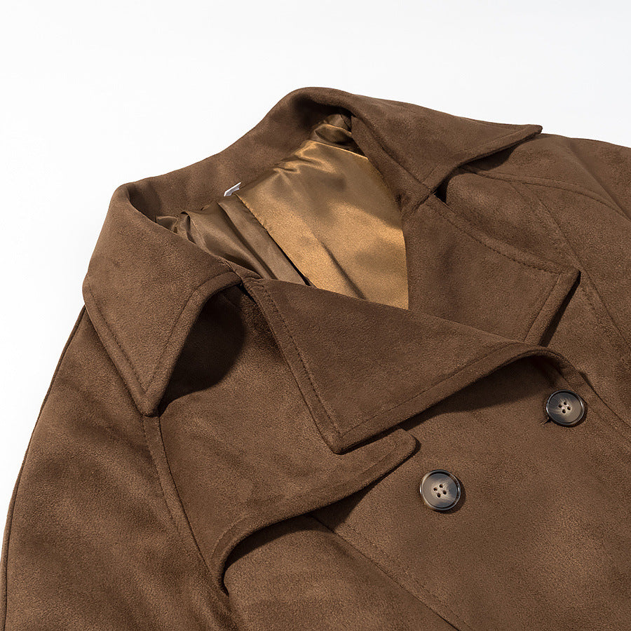 Women's short trench-style coat with double-breasted button placket, tie belt, and wide lapels EVA-US