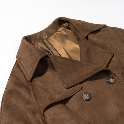 Women's short trench-style coat with double-breasted button placket, tie belt, and wide lapels EVA-US