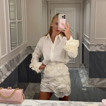 Women's Shirt Blouse-Mini Skirt Set with Voluminous 3D Rose Appliqués and Pearl Details EVA-US