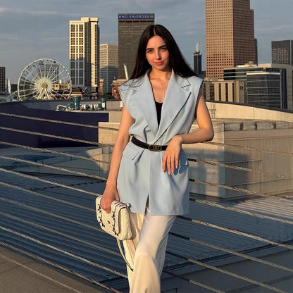 Women Sleeveless Long Blazer Vest with Emphasized Shoulder and Waist Shape EVA-US