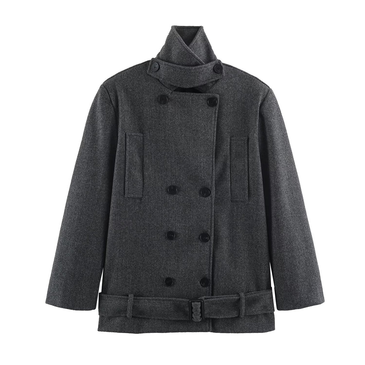 Women's short coat in double-breasted wool blend with high standing collar and waist belt EVA-US