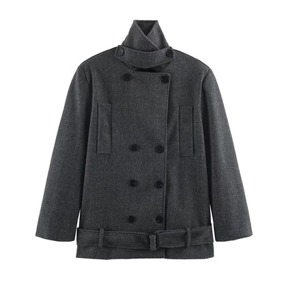 Women's short coat in double-breasted wool blend with high standing collar and waist belt EVA-US