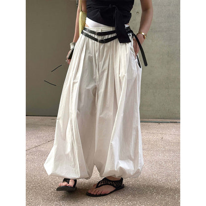 Women Wide Balloon Culotte with High Elastic Waistband and Crinkled Linen Look EVA-US