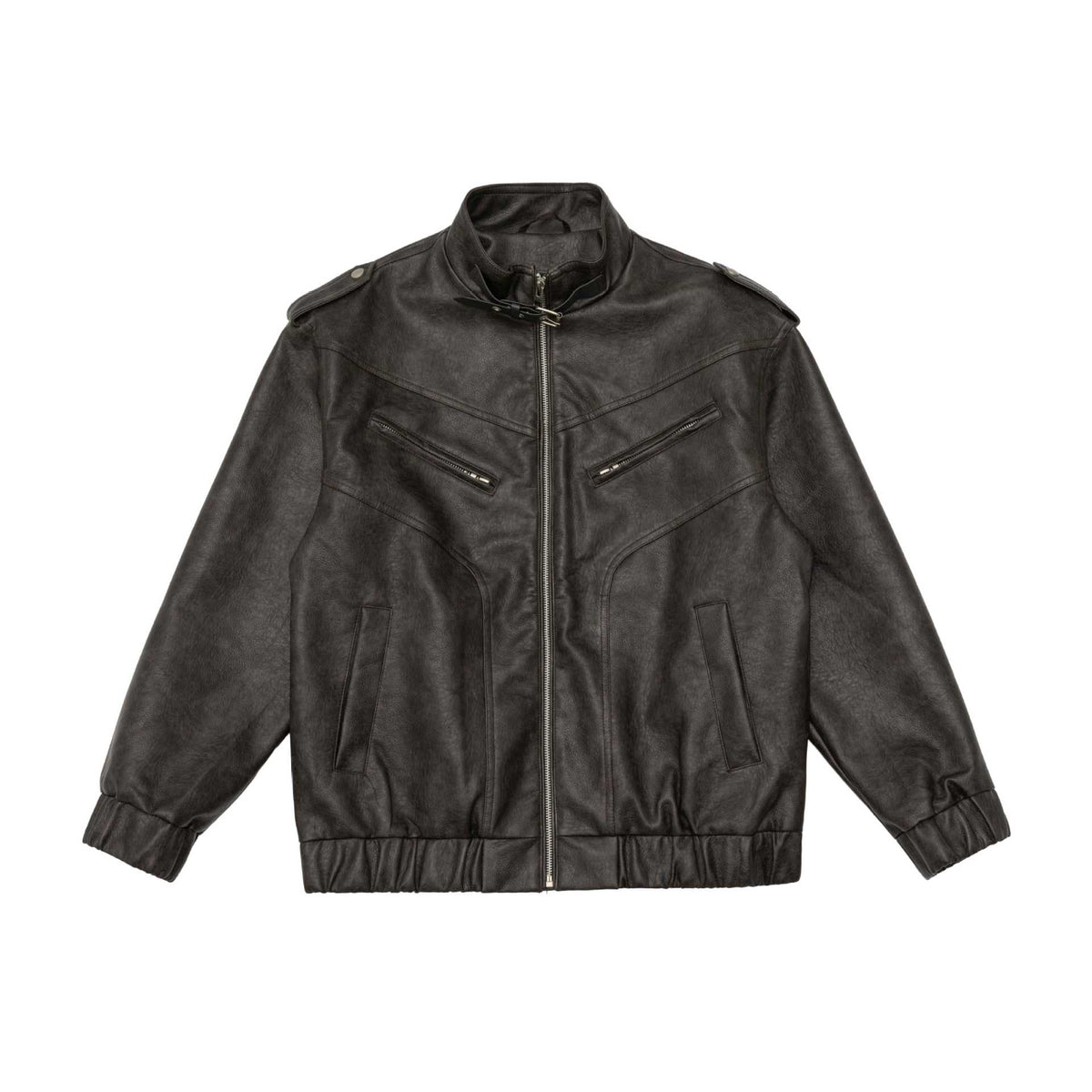 Men's leather bomber jacket with funnel collar and shoulder epaulettes EVA-US