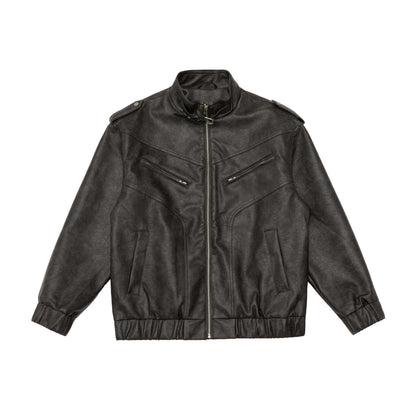 Men's leather bomber jacket with funnel collar and shoulder epaulettes EVA-US