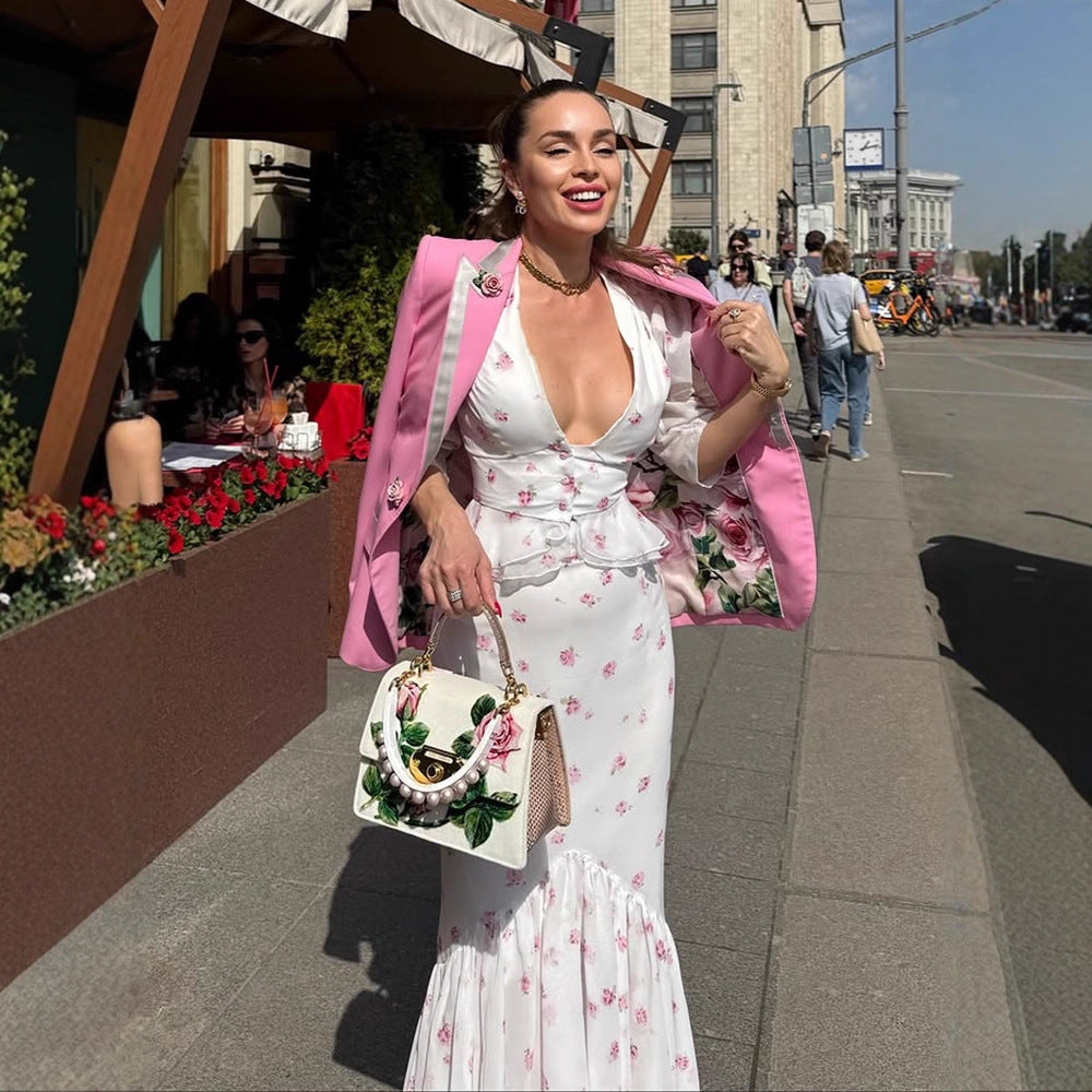 Women Floral Satin Midi Dress with Deep V-Neck, Puff Sleeves and Tapered Gather EVA-US