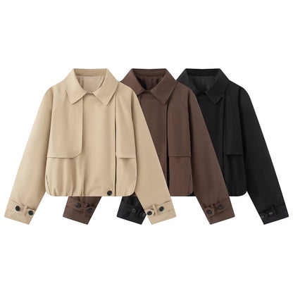 Women's Cropped Short Jacket with Cape Front, Shirt Collar and Adjustable Cuffs EVA-US