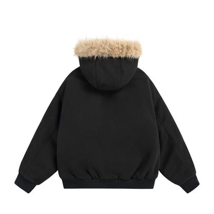 Women's Short Boxy Hooded Blouson made of French Terry with voluminous Faux Fur Edging EVA-US