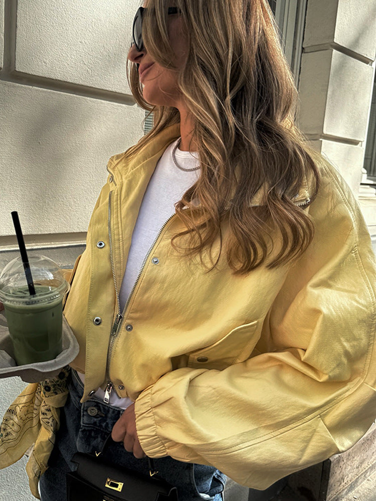 Women's Short Satin Look Bomber Jacket with Zipper, Snap Buttons & Elastic Cuffs EVA-US