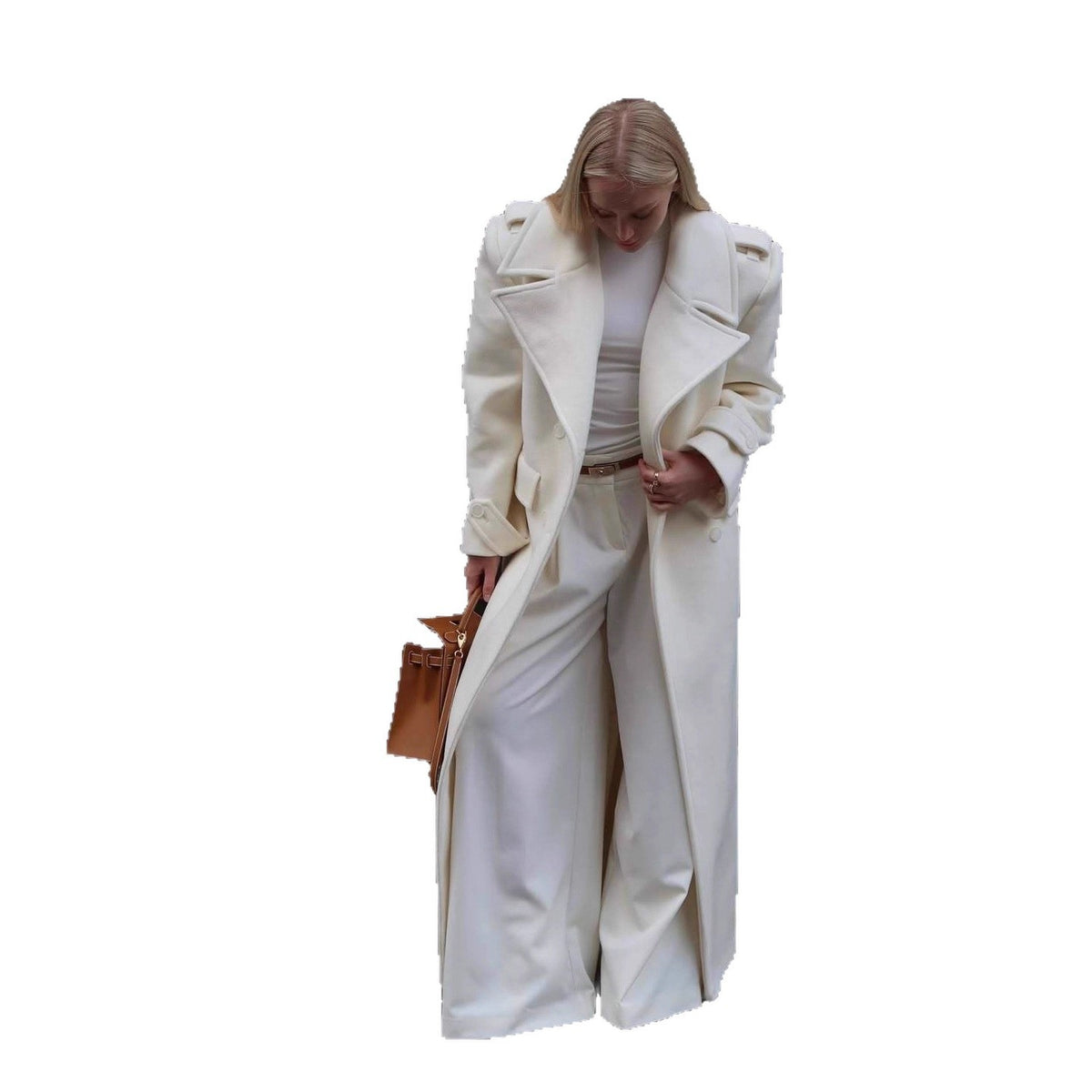 Women's Maxi Length Tailored Wool Blend Coat with Wrap Belt and Generous Notch Collar EVA-US