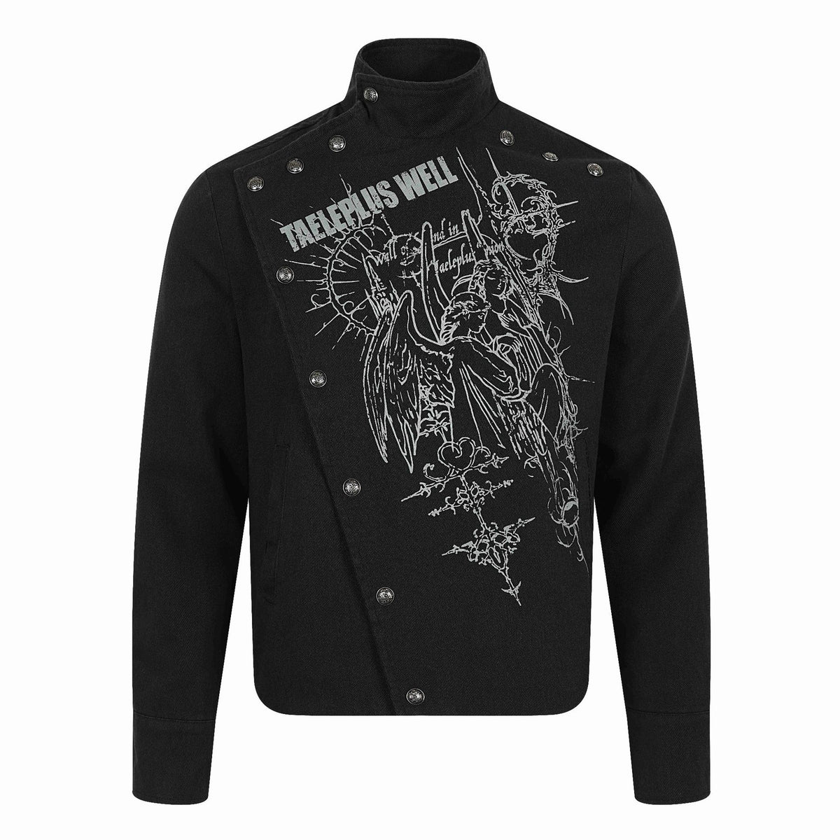 Men's Asymmetrical Blouson Jacket with Stand Collar, Metal Button Trim and Graphic Print EVA-US