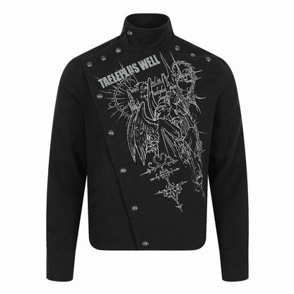 Men's Asymmetrical Blouson Jacket with Stand Collar, Metal Button Trim and Graphic Print EVA-US