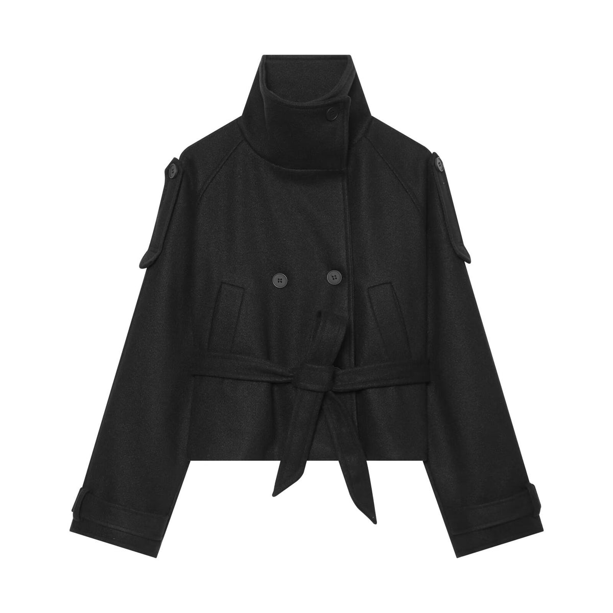 Women Short Wool Blend Cape Jacket with Waist Belt and Funnel Collar EVA-US