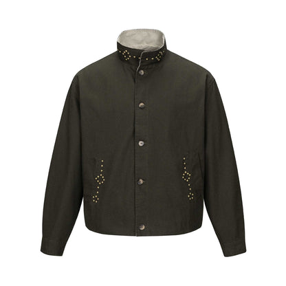 Unisex Short Blouson Jacket with High-Collar Studded Neck and Utility Pockets EVA-US