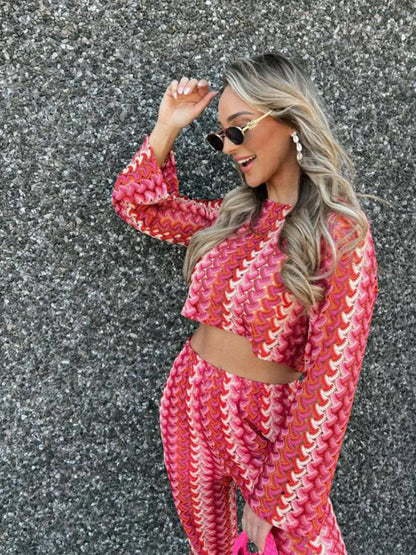 Women Crocheted Two-Piece Lounge Set with Short Sweater and High-Waisted Palazzo Pants EVA-US