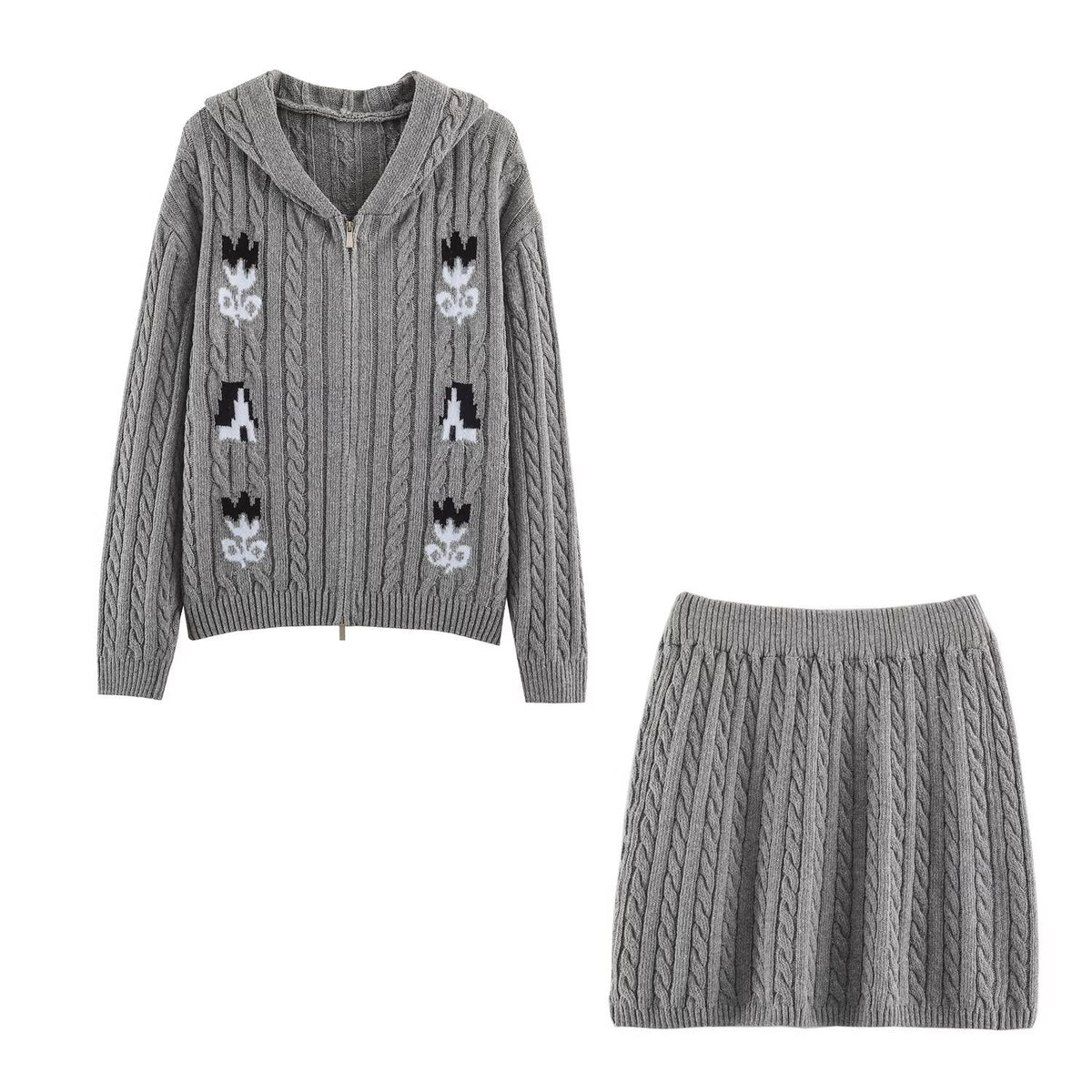 Women's Two-Piece Knit Set with Zipper Hoodie and Short Cable Knit Skirt EVA-US