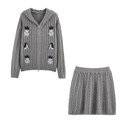 Women's Two-Piece Knit Set with Zipper Hoodie and Short Cable Knit Skirt EVA-US