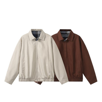 Unisex Short-Cut Boxy Blouson Jacket with Checked Stand Collar, Elastic Hem, and Two-Way Zipper EVA-US
