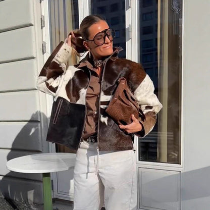 Women's short jacket made of shaggy faux fur with patchwork look and high stand-up collar EVA-US