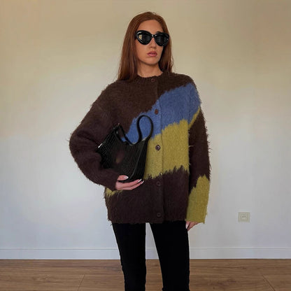 Women's Oversize Mohair-Blend Cardigan with Abstract Color Block and Button Placket EVA-US