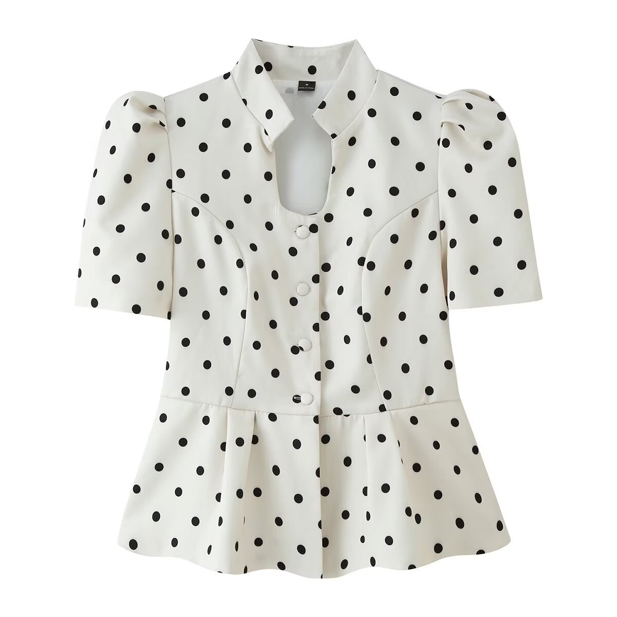 Women's Polka Dot Blouse with Stand Collar, Puff Sleeves, and Peplum Hem EVA-US