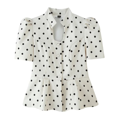 Women's Polka Dot Blouse with Stand Collar, Puff Sleeves, and Peplum Hem EVA-US
