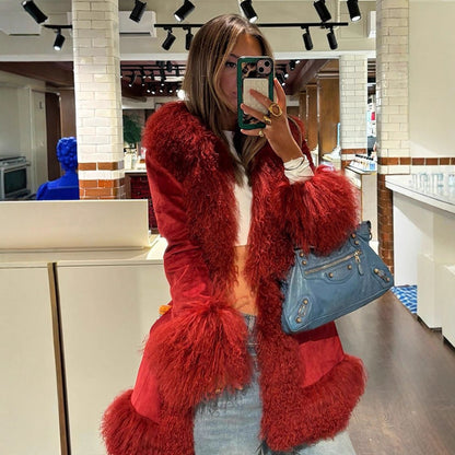 Women Longer Faux Fur Coat with Voluminous Shawl Collar and Decorative Fur Cuffs EVA-US