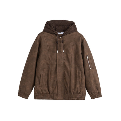 Unisex Boxy-padded Hooded Bomber Jacket with Velour Look, Cord Collar and Sleeve Zipper EVA-US