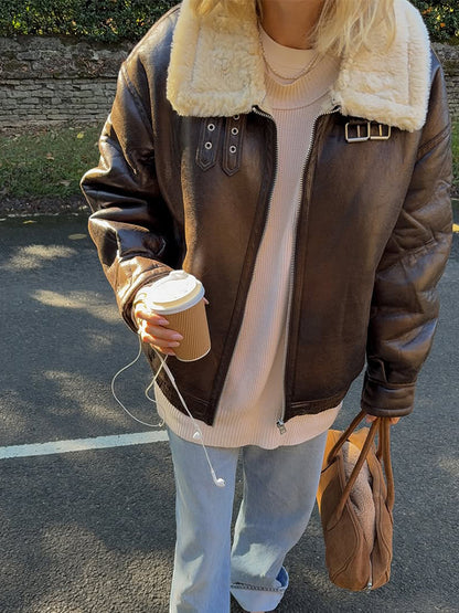Women's Oversized Flight Jacket made of Faux Leather with Teddy Lining and Wide Cut EVA-US