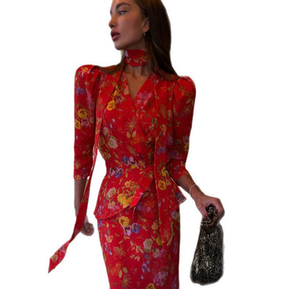 Women's wrap maxi dress with floral print, puff sleeves and shawl collar EVA-US