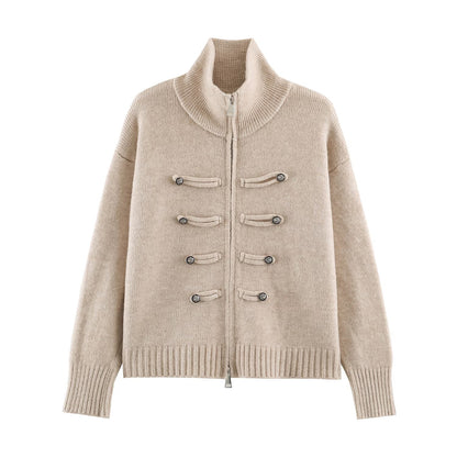 Women's cardigan with zipper, high stand-up collar, and decorative button plackets EVA-US