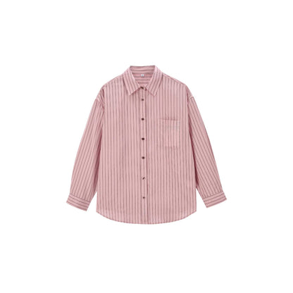 Women’s Oversized Button-Up Blouse with Vertical Pinstripe Design, Breast Pocket and Kent Collar EVA-US