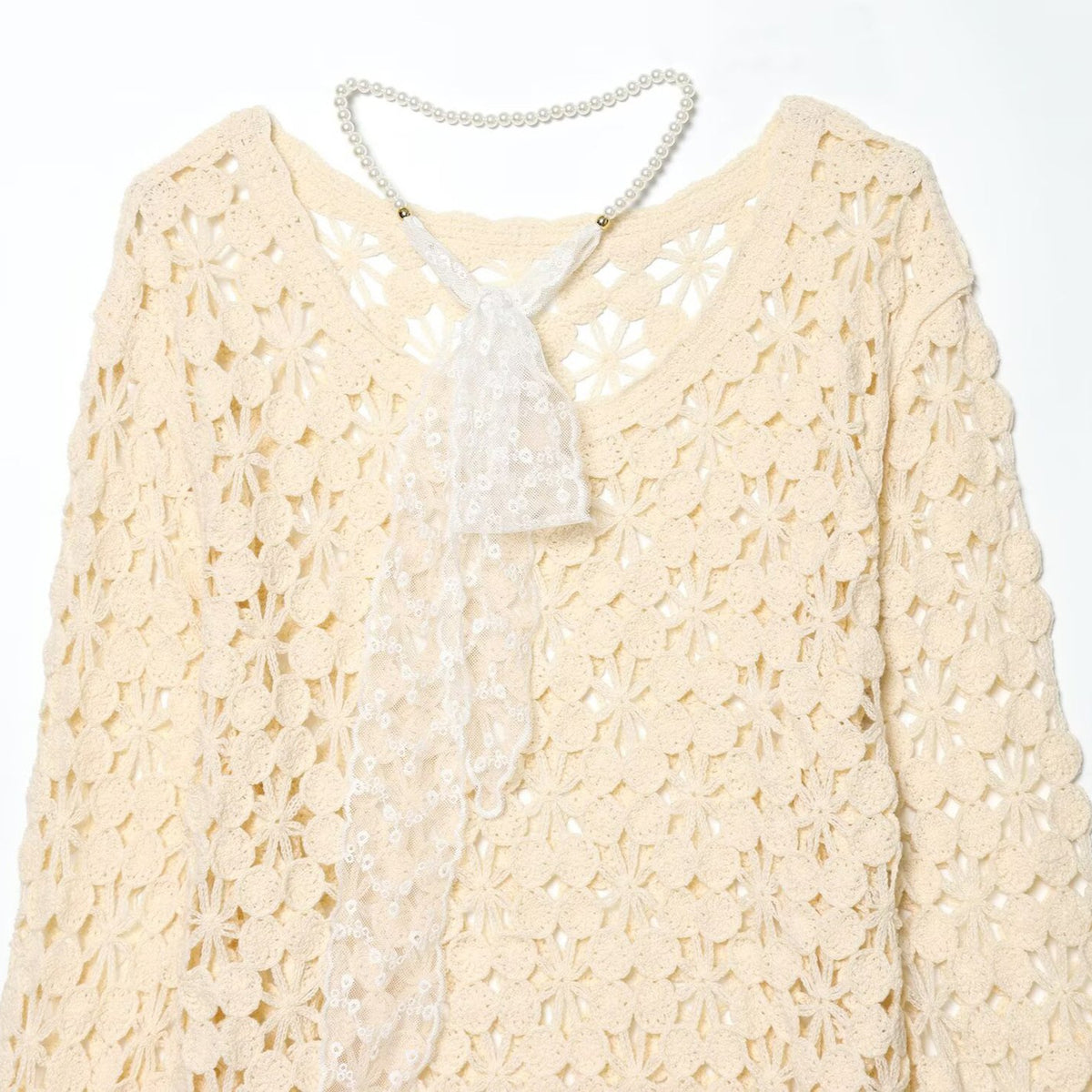 Women's crochet pullover with floral lace look, scallop hem, and delicate ribbon EVA-US