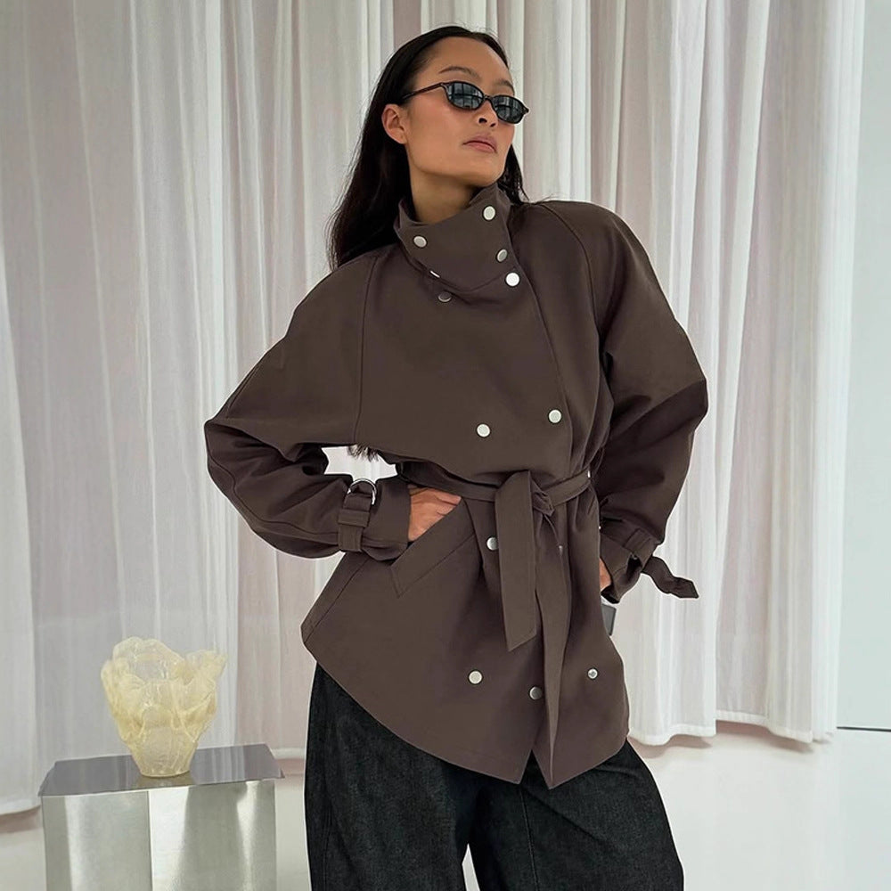Women's Tailorable Oversize Short Trench with High Stand Collar, Snap Button Front and Tie Belt EVA-US