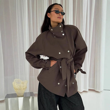 Women's Tailorable Oversize Short Trench with High Stand Collar, Snap Button Front and Tie Belt EVA-US