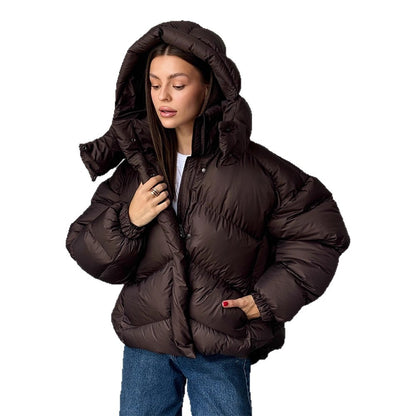 Ladies short puffer jacket with thermal filling, oversized hood & concealed two-way zipper EVA-US