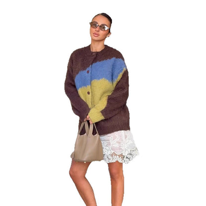 Women's Oversize Mohair-Blend Cardigan with Abstract Color Block and Button Placket EVA-US
