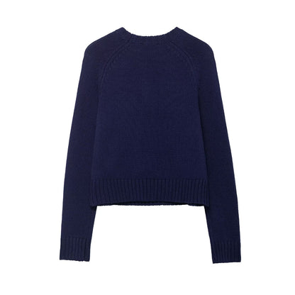 Women Cropped Christmas Sweater with Intarsia House Motif and Round Neckline EVA-US