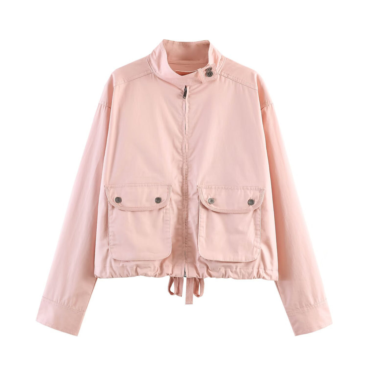 Women Lightweight Cropped Field Jacket with Stand-up Collar, Drawstring and Flap Pockets EVA-US