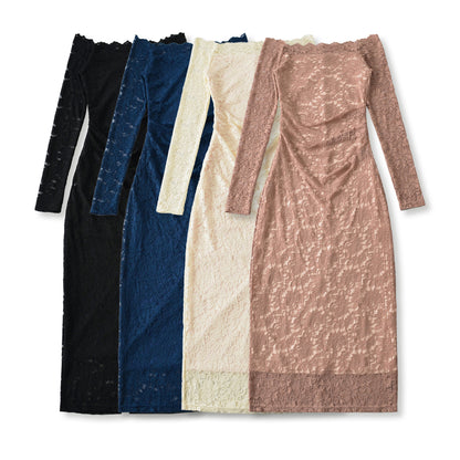Women's Off-Shoulder Lace Dress with Waist Gather and Long Sleeve