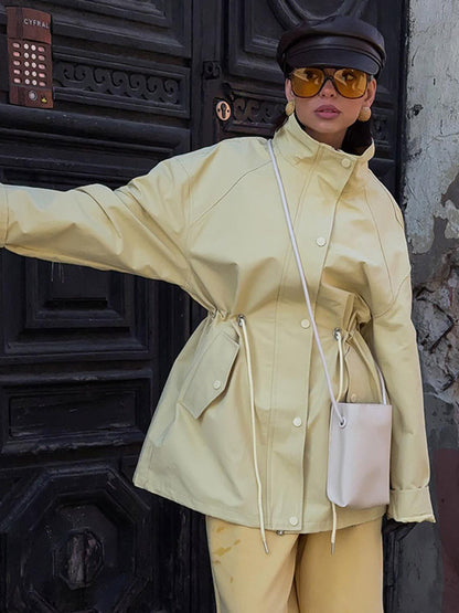 Women's Oversized Rain Jacket with Drawstring Waist, High Stand Collar & Flap Pockets EVA-US