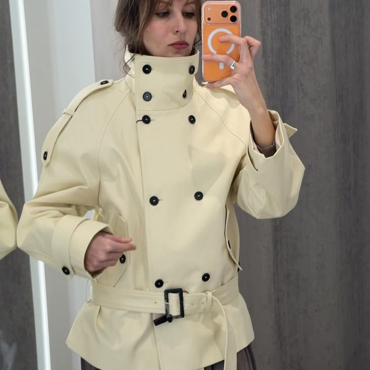 Women Short Double-Breasted Trench Jacket with High Standing Collar and Waist Belt EVA-US