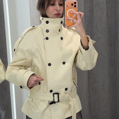 Women Short Double-Breasted Trench Jacket with High Standing Collar and Waist Belt EVA-US