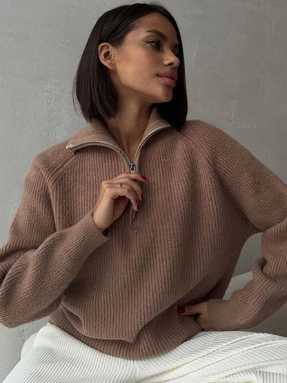 Women Ribbed Wool Blend Sweater with Half Zipper and Wide Stand Collar EVA-US
