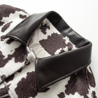 Women's Oversized Jacket in Trucker Style with Cow Print and Faux Leather Collar EVA-US