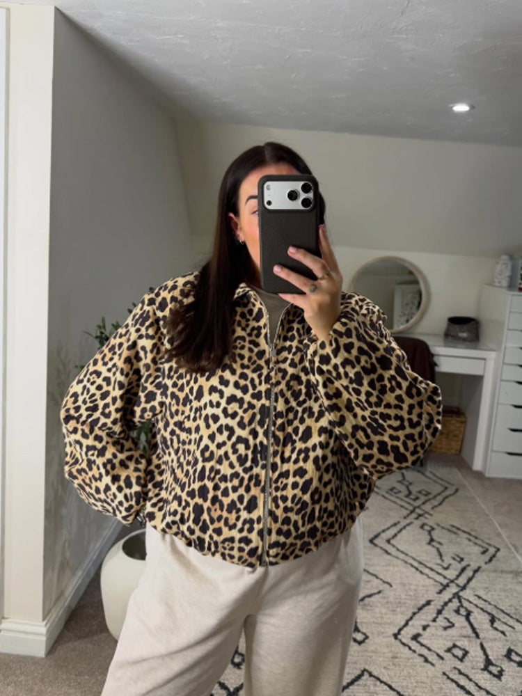 Ladies padded oversized bomber jacket with leopard print and stand-up collar EVA-US