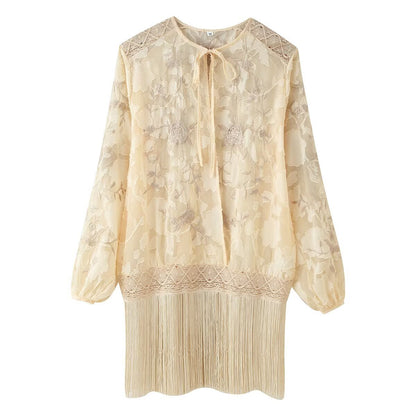 Women's Transparent Knitted Lace Blouse with Tie Bow, Crochet Edge and Fringe Hem EVA-US