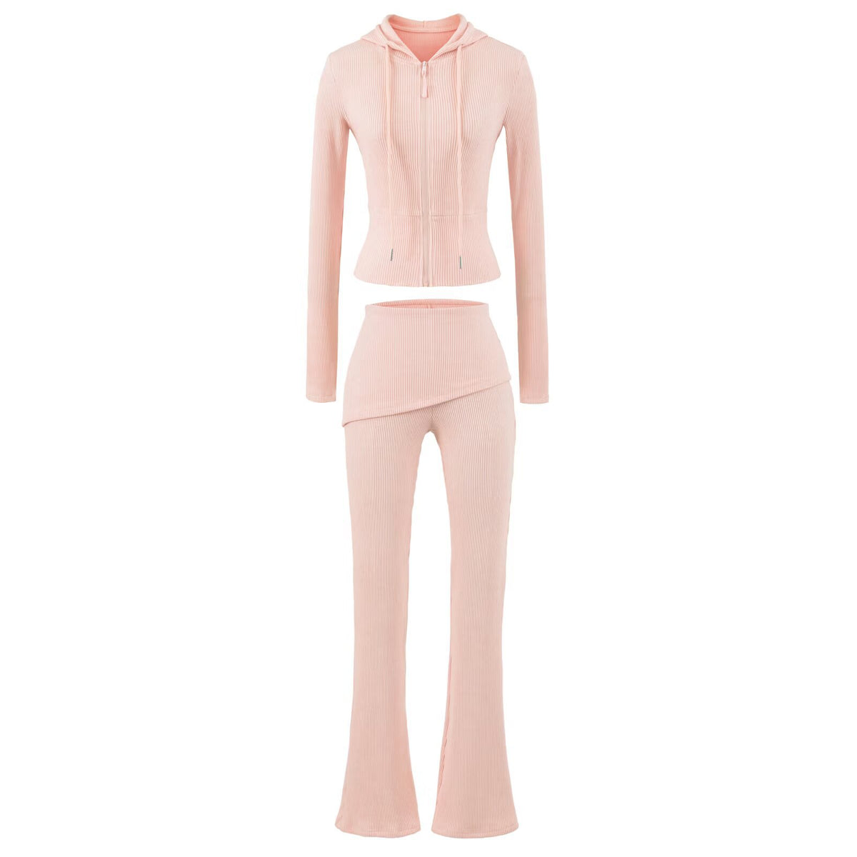 Women's Ribbed Lounge Set with Hooded Jacket and Wrap Waist Pants EVA-US